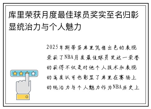 库里荣获月度最佳球员奖实至名归彰显统治力与个人魅力