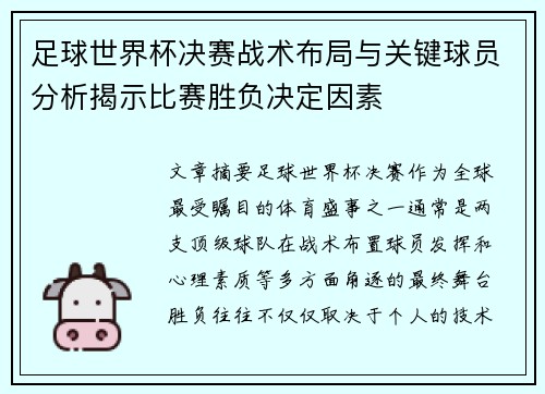 足球世界杯决赛战术布局与关键球员分析揭示比赛胜负决定因素
