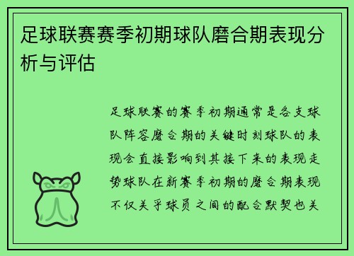 足球联赛赛季初期球队磨合期表现分析与评估
