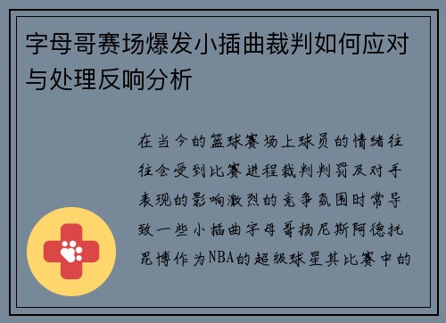 字母哥赛场爆发小插曲裁判如何应对与处理反响分析